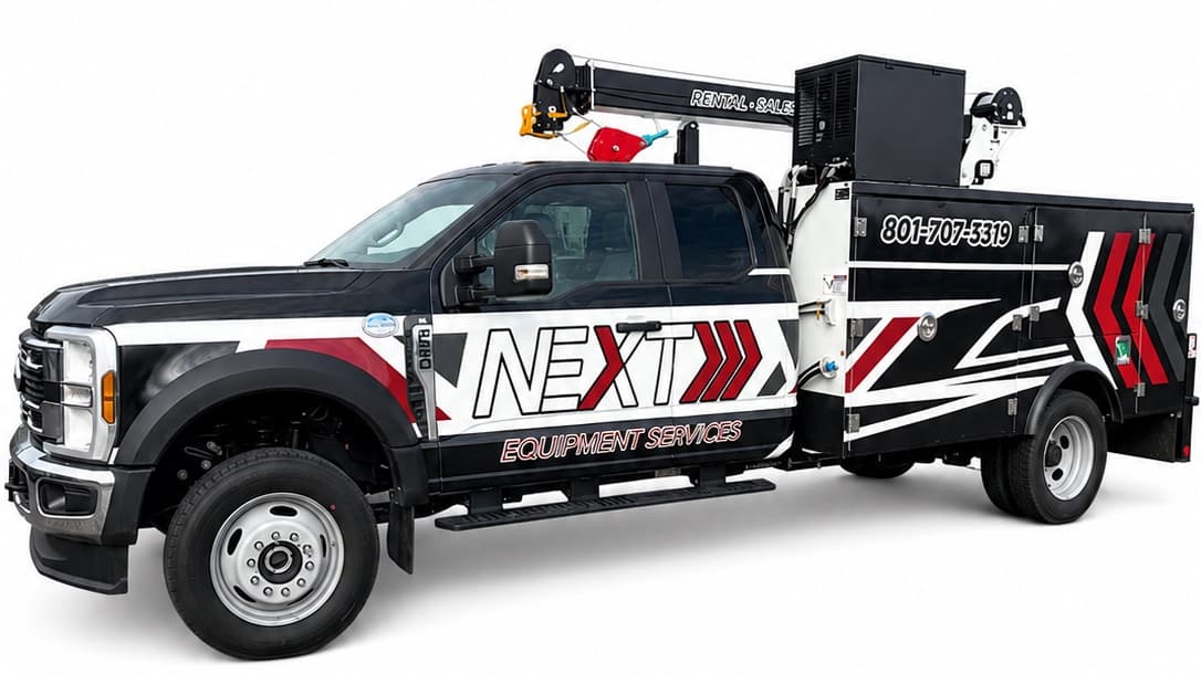 The Next Equipment field service truck, a crane-equipped Ford F-550